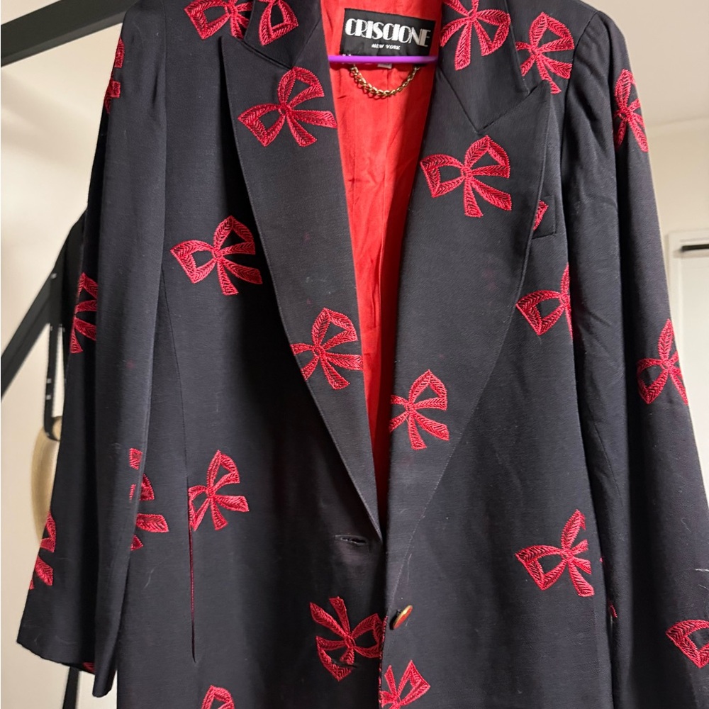 Vintage Black Blazer with Red Bow Accents